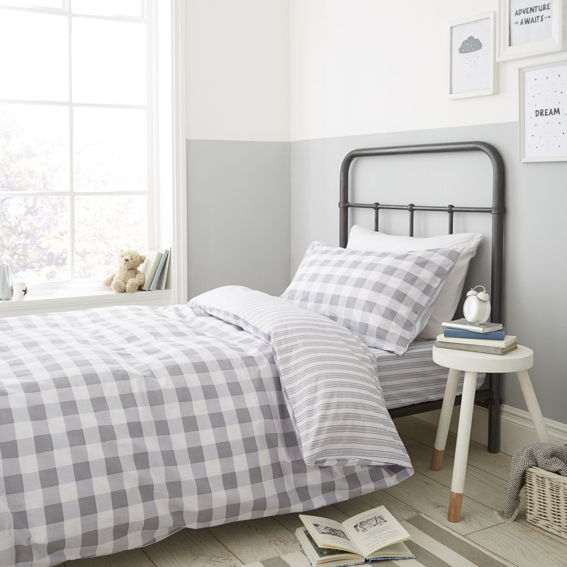 Check and Stripe 100% Cotton Fitted Sheet, Grey, Double (4'6)