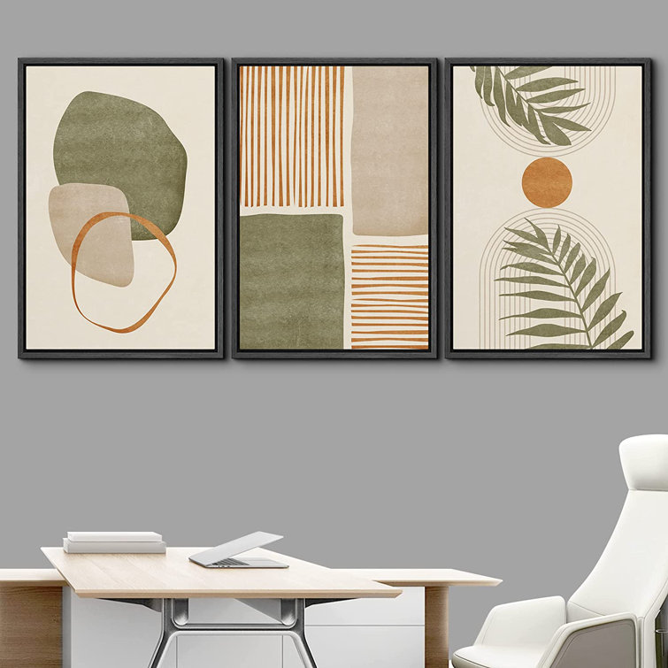 Brown Gray Abstract Shapes Lines for Living Room- 3 Piece Set on Canvas Print IDEA4WALL Size: 36 H x 72 W, Format: Black Plastic Framed