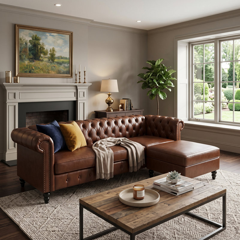 Canapé modulaire en L avec repose-pieds 85 po Chesterfield, Similicuir brun