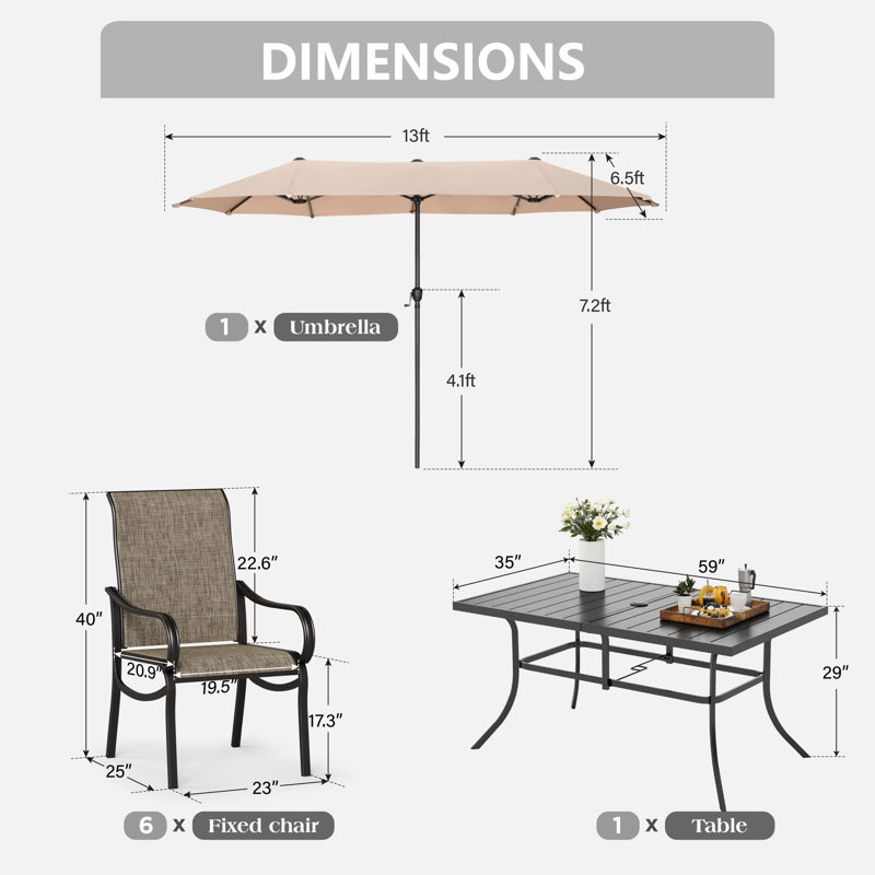6-person Patio Dining Outdoor Table Set With Umbrella, Beige