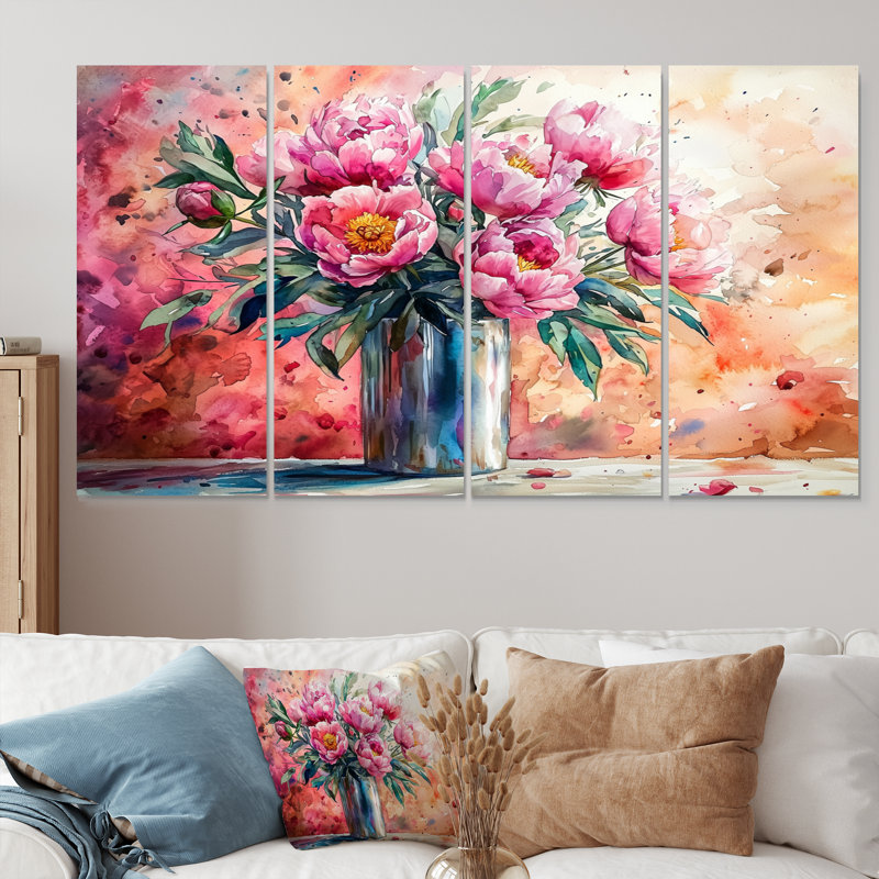 Pivoines roses dans un vase en acier inoxydable - pivoines - ensemble de décorations murales traditionnelles, 4