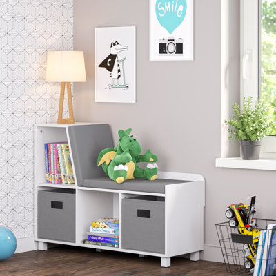 RiverRidge Kids Reading Book Nook Cushioned Toy Storage Bench with Cubby Organizers and 2 Fabric Bins- White