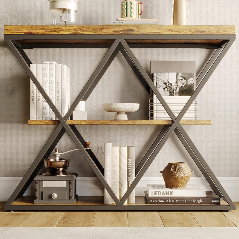 Industrial 3-Tier Entryway Table with X-Shaped Metal Frame - Warm Rustic Vintage Wood Tone. Double  Frames with 2 Shelves. Versatile for Living Room or Hallway