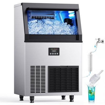 Machine à glaçons commerciale Coolake, machine à glaçons sous le comptoir de 200 lb / jour avec rangement de 50 lb, machine à glaçons extérieure autoportante en acier inoxydable avec filtre à eau