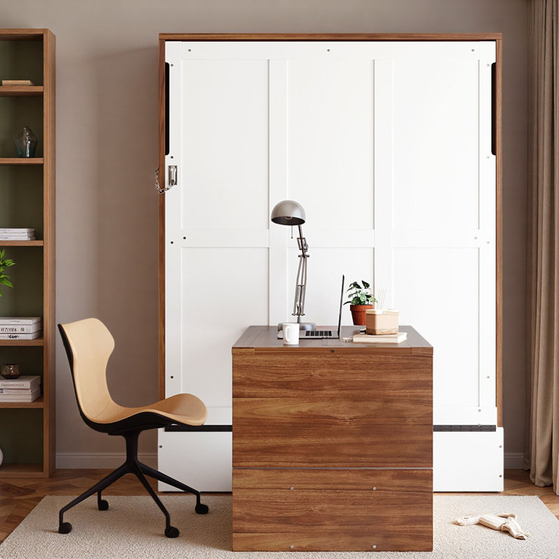 Lit escamotable avec bureau pliable Murphy, Blanc/noyer