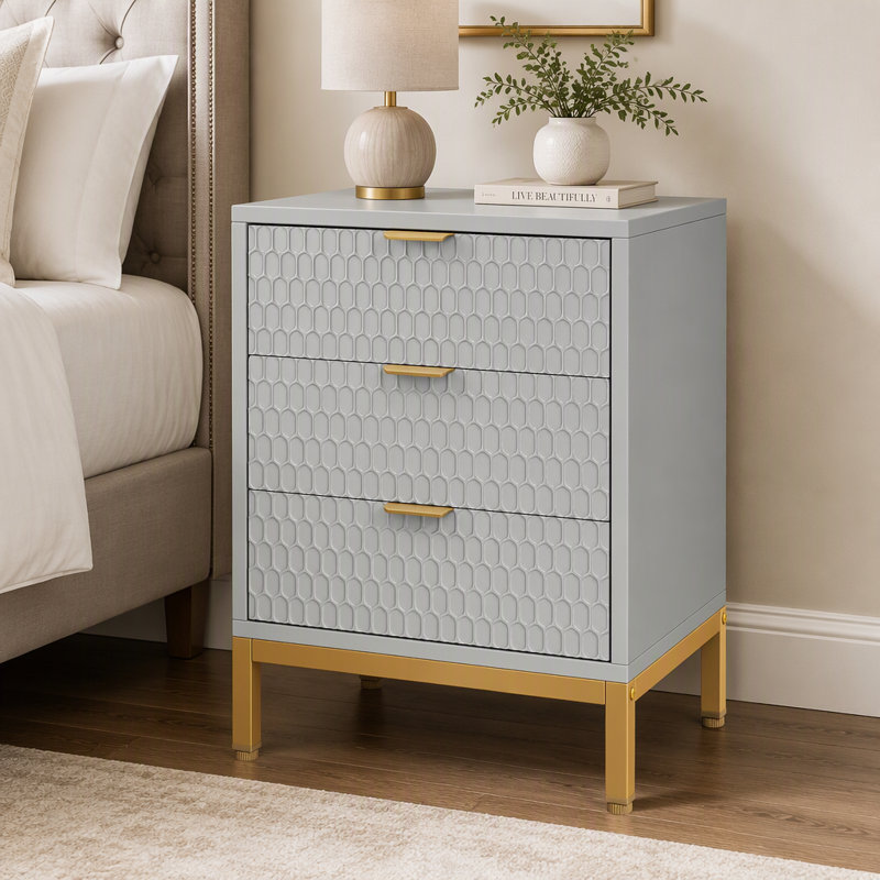 Table de chevet moderne, table de chevet de 65,5 cm de hauteur avec 3 tiroirs, Grey & Gold