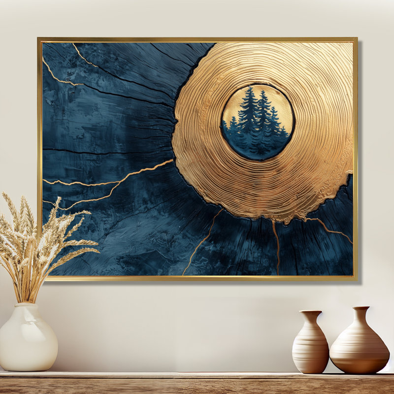 Gerrad, pin abstrait, forêt sur bois, horizon - forêt, art mural, H 34 po x l 44 po, Impression encadrée flottante, Doré