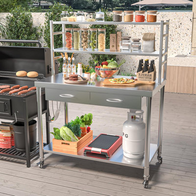 Stainless Steel Table With Shelves And Drawer