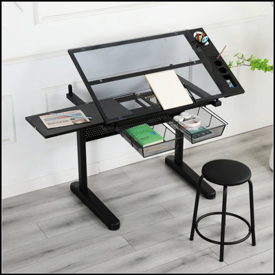 Hand Crank Adjustable Drafting Table with 2 Metal Drawers and Stool, Perfect for Artists and Designers