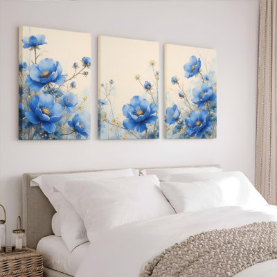 Blue Floral Canvas Wrapped Wall Art, Oil Painting Print (Set of 3)