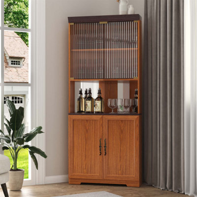Grande armoire à vin de coin autoportante de 70,86 po (180 cm) - Vitrine moderne à 5 niveaux avec portes en verre trempé et dossier en miroir - Tablettes réglables pour le salon et la cuisine