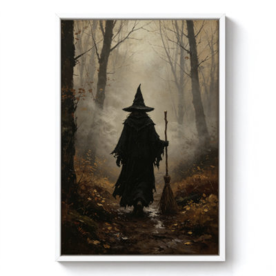 Sorcière à capuchon d'Halloween avec un bâton, tableau sur toile encadré, cadre blanc, 50 x 75 cm