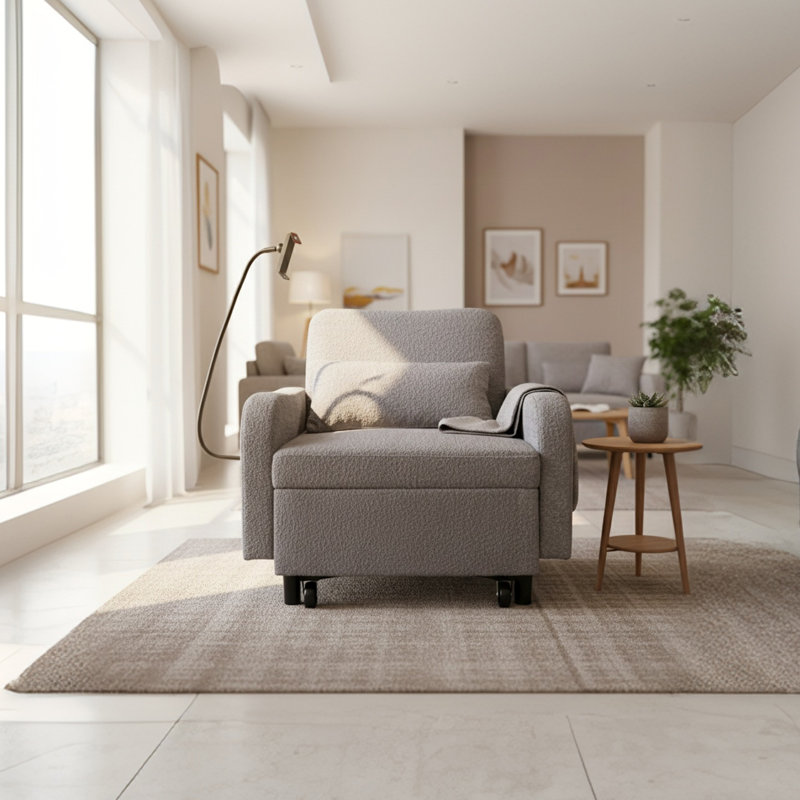 Single Sofa With Cup Tray & Adjustable Backrest, Accent Arm Chair For Living Rooms, Bedrooms And Offices, Grey, Gray