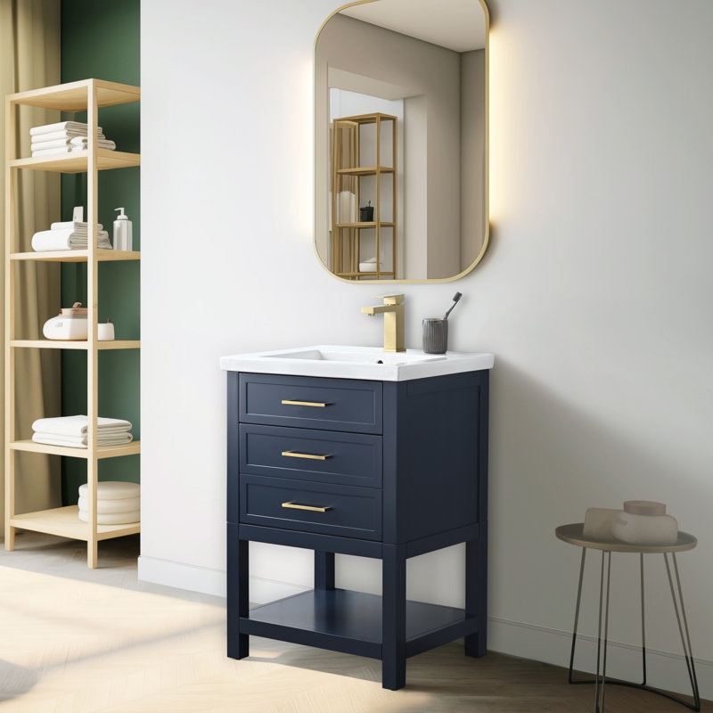 Vicini 24'' Single Vanity with Ceramic Top, Indigo Blue / Brushed Gold