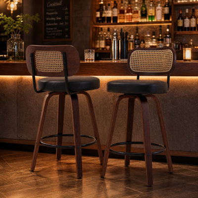 34-inch Bar Stool Set (2-Piece) — Black Walnut Finish, Wicker Backrest, Leather Seat Cushion, Swivel Design, Suitable for Kitchen Islands, Bars, and Countertops