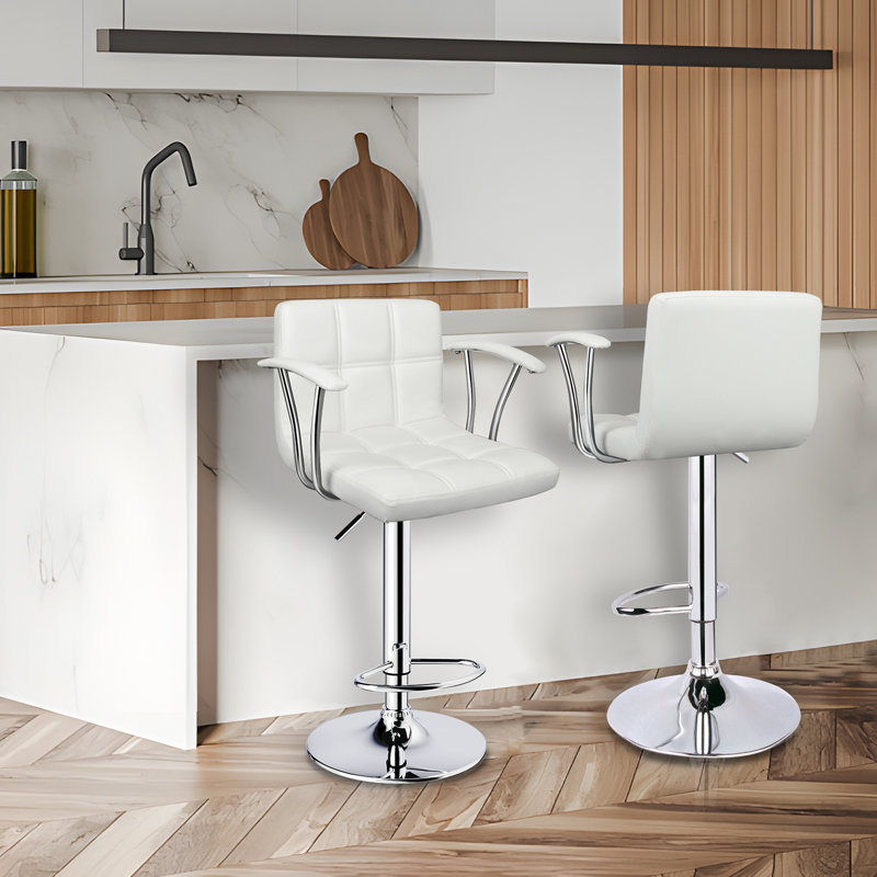 Double Needle PU Leather Counter Height Chairs, Height Adjustable and Swivel Bar Stool, White, Silver