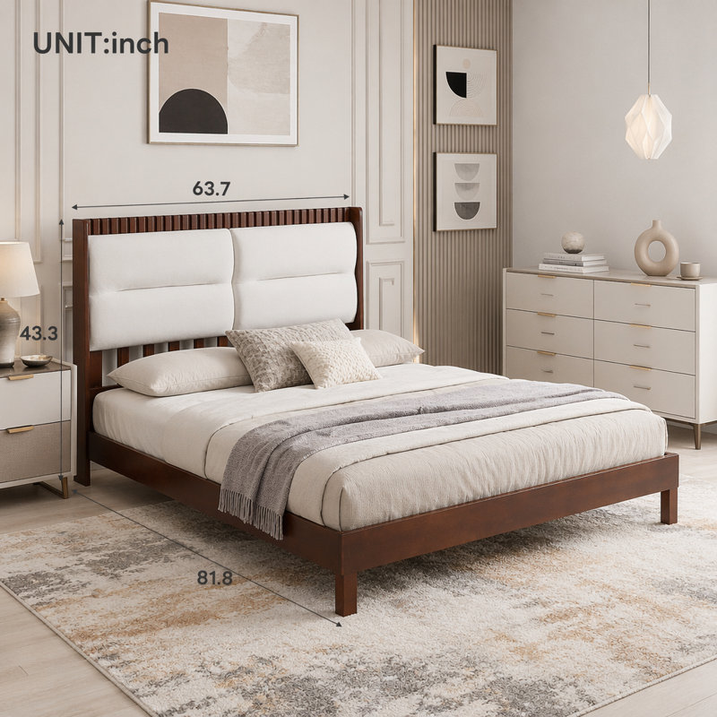 Solid Wood Platform Bed with Velvet Upholstered Headboard, Grand lit, Espresso