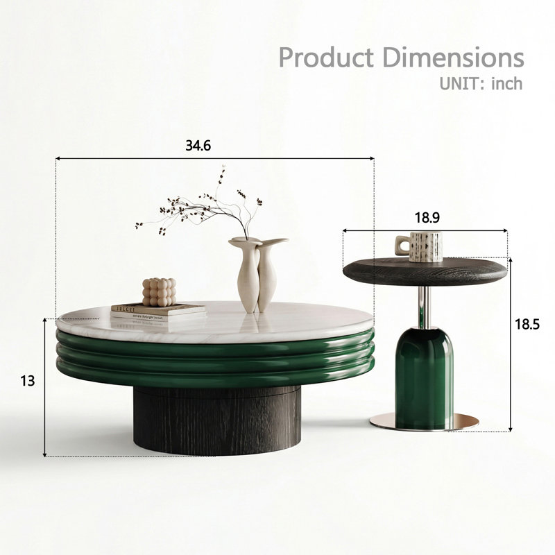 Marble Coffee Table Set With Green Side Table – Scratch-Resistant, Ash Wood Base, Colour Block Design