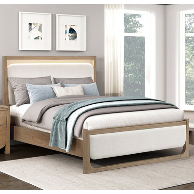 Lit contemporain tapissier brun avec éclairage à DEL et bois de qualité, grand lit complet pour la chambre à coucher, revêtement texturé, style tactile