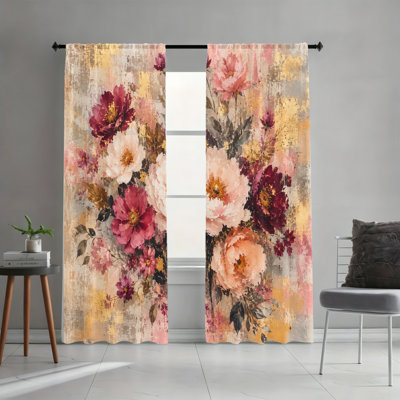2 PCS rétro peinture à l'huile pivoine rose filtrant la lumière des rideaux de poche de tringle, drapeaux de fenêtre printanier romantique print, décoration chaleureuse toutes saisons pour salon, chambre à coucher, bureau, traitement de fenêtre de jardin rétro classique