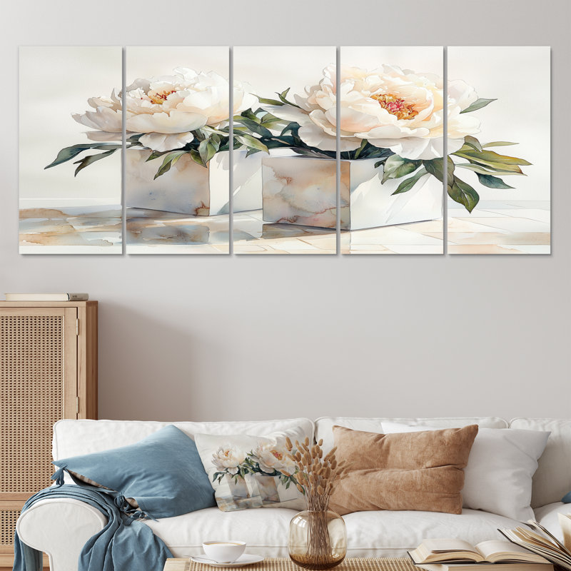 Minimal pivoines dans des cubes blancs II - art mural pivoines - décoration murale traditionnelle Wa, H 28 po x l 60 po, 5