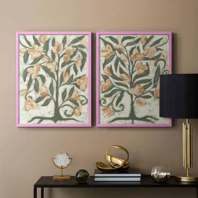 «Folk Peach Blossoms I», reproduction encadrée de qualité supérieure - prête à être accrochée - aucun clou requis - aucun clou requis