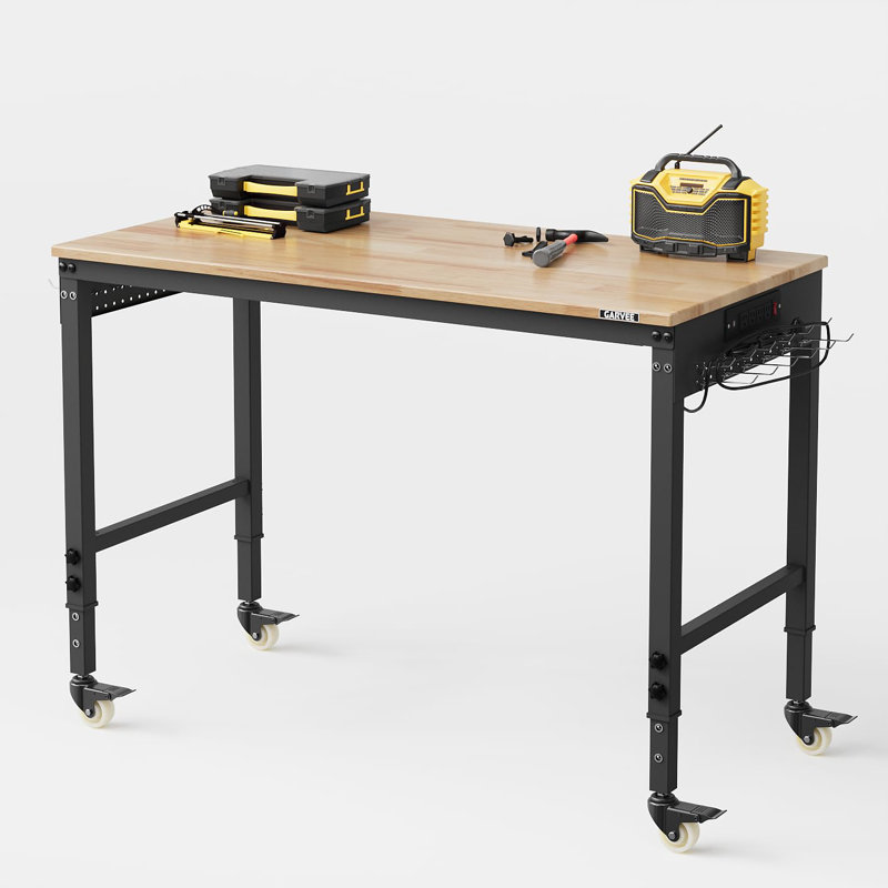 Établi 48 po x 24 po, hauteur réglable à 6 niveaux, capacité de charge de 2 000 lb, avec plateau en bois d'hévéa massif, prises de courant ETL, roulettes pivotantes, panneau perforé et crochets pour le garage et l'atelier de menuiserie