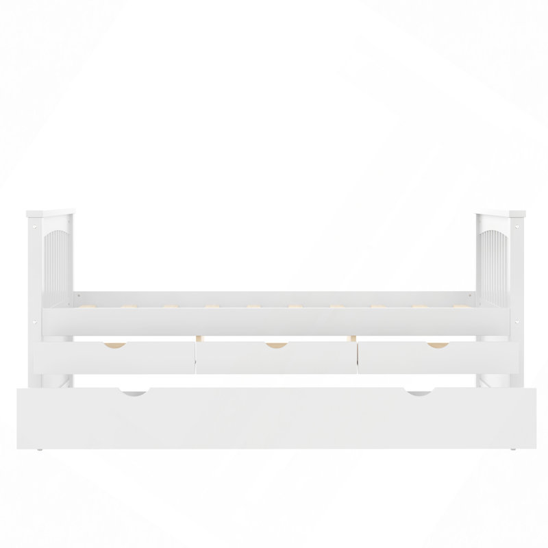 Platform Bed With Drawers And Trundle, Solid Wood Daybed, No Spring Box Needed, Off White