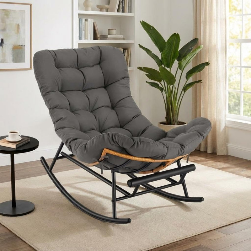 Papasan Rocking Chair with Footrest, Rattan Lounge Chair with Cushion, Gray