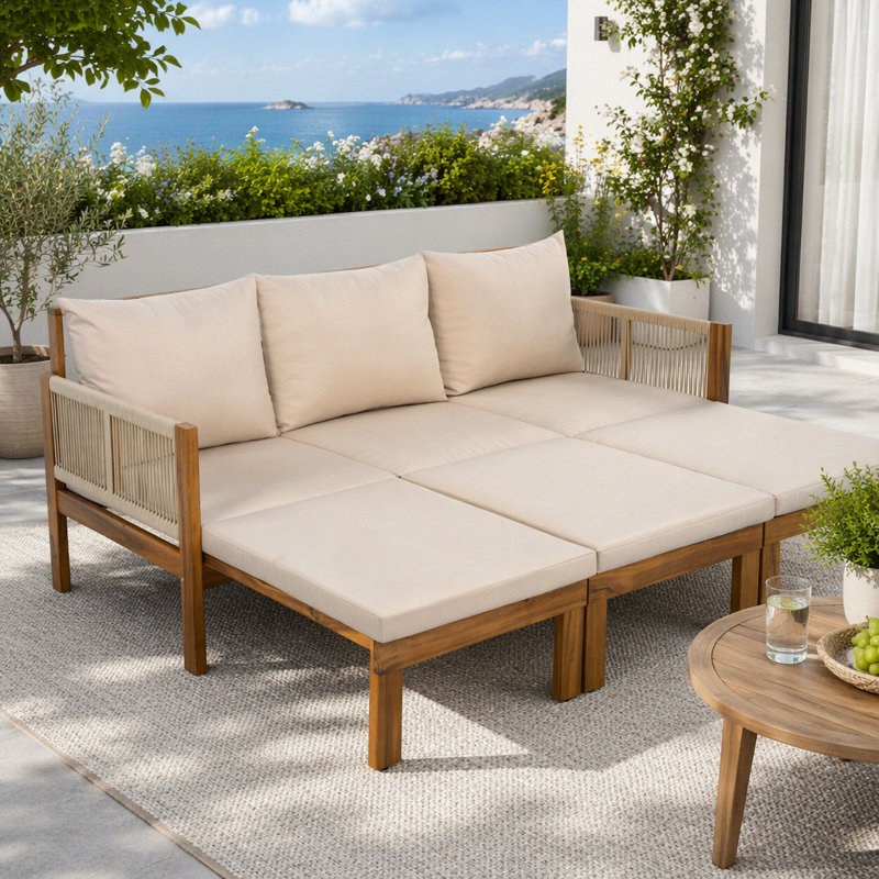 Outdoor Daybed Patio Sofa Bed 3 Seat Patio Sunbed Outdoor Sleeper Sofa Outdoor Couch, Brun