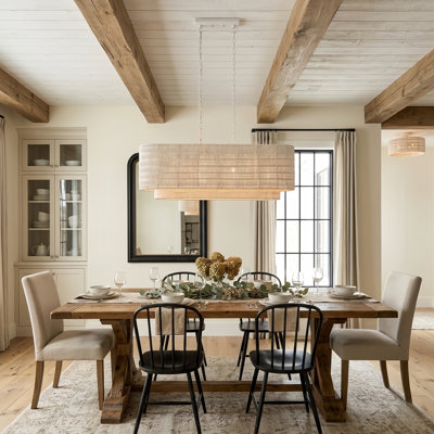 4 - Light 36"W Modern Farmhouse Linear Pendant with Hand-Woven Rattan Shade for Kitchen Island