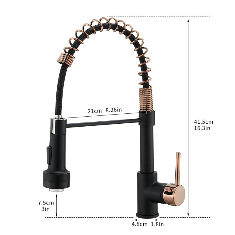Robinet de cuisine à poignée simple à levier unique avec robinet escamotable, noir et or rose, style contemporain, matériau en laiton, bec arqué rotatif à 360 degrés, levier commercial anti-corrosion, couleur,