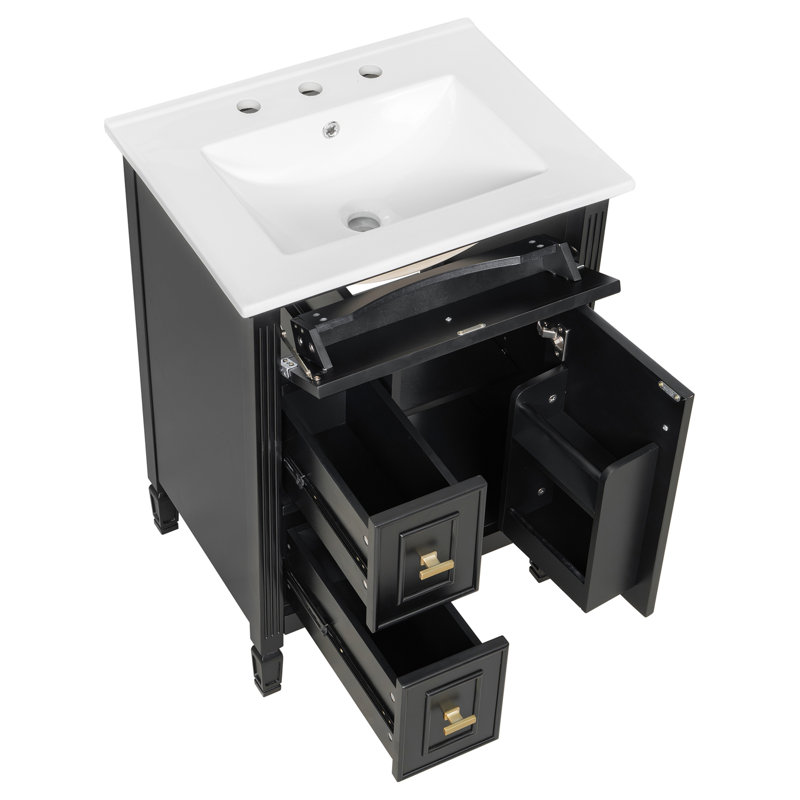 Meuble-lavabo de 24 po avec lavabo, armoire en bois massif et panneau de fibres à densité moyenne avec un tiroir rabattable, deux tiroirs standard et une tablette réglable, meuble-lavabo noir autoportant pour le rangement de la salle de bain