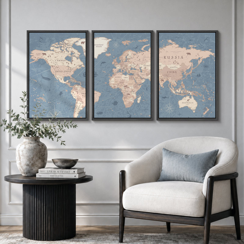 Carte du monde «Blue Global Antique Atlas, H 36 po x l 72 po, Reproduction avec cadre flottant, Noir