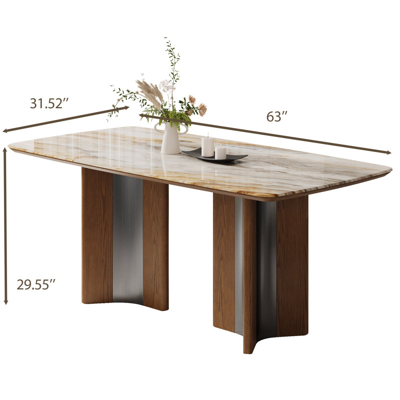 Ensemble de table de salle à manger 7 pièces avec plateau en faux marbre, base en bois de qualité supérieure et acier inoxydable, 6 chaises de salle à manger rembourrées en tissu de lin avec pieds en bois massif