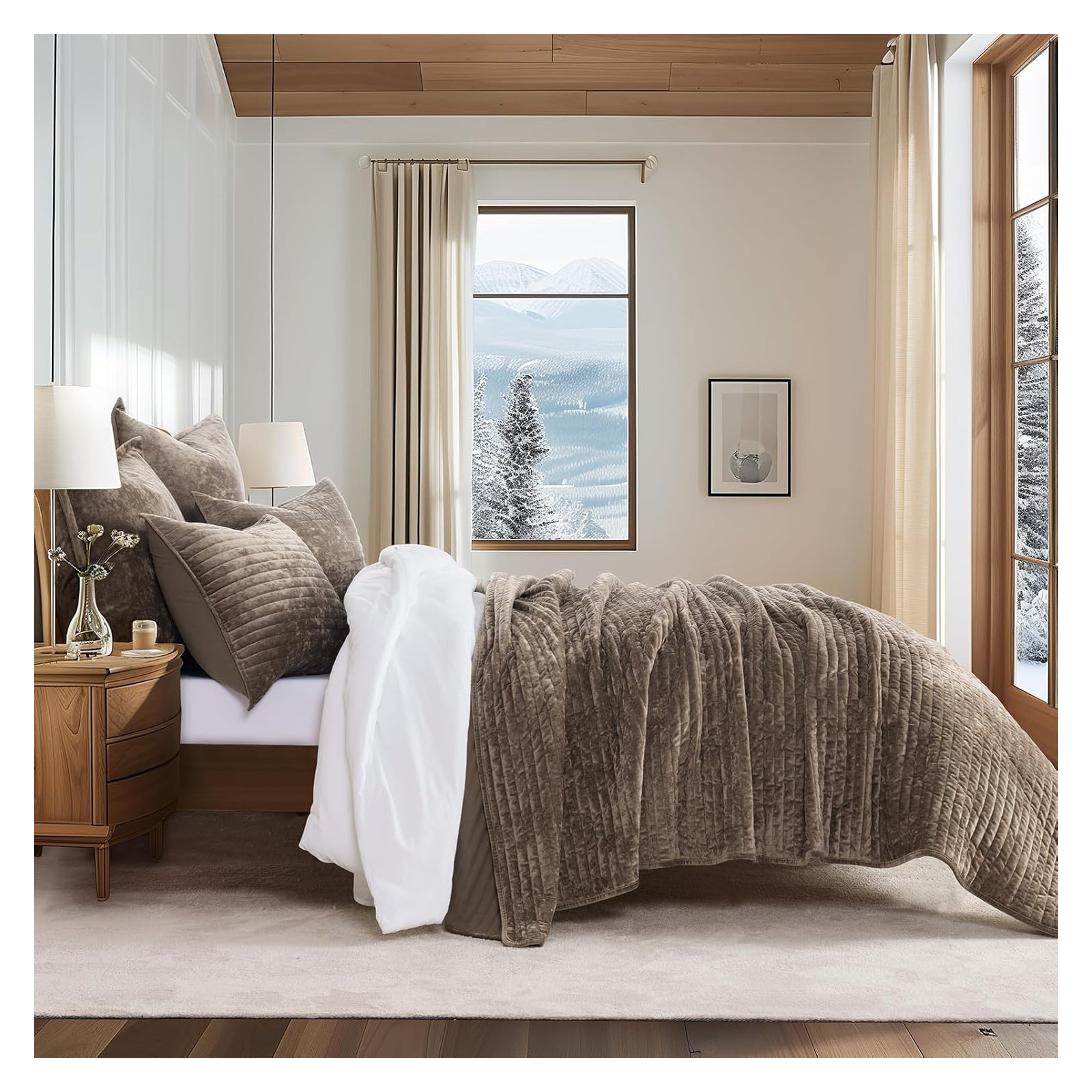 Luxe Velvet Channel Quilt Set, Mocha Brown, California King
