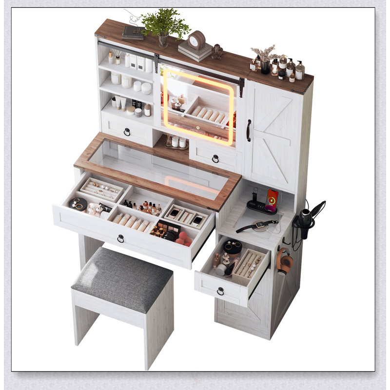 Farmhouse Vanity Desk With Sliding Mirror, LED Lights, And Charging Station, Glass Top, 4 Drawers, 2 Cabinets, And Stool For Bedroom