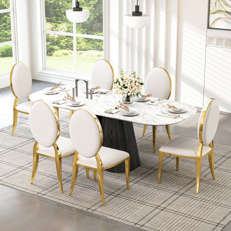 Modern Dining Chair Set, PU Leather Seats With Oval Backrest, Armless Chairs, And Mirror Stainless Steel Legs, 6, Gold, White