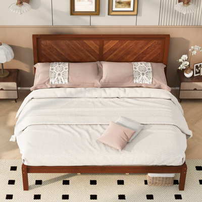 Solid Wood Platform Bed Frame with Herringbone Wood Headboard, Farmhouse Chevron Panel Bed, Under Bed Storage Clearance, No Box Spring Needed