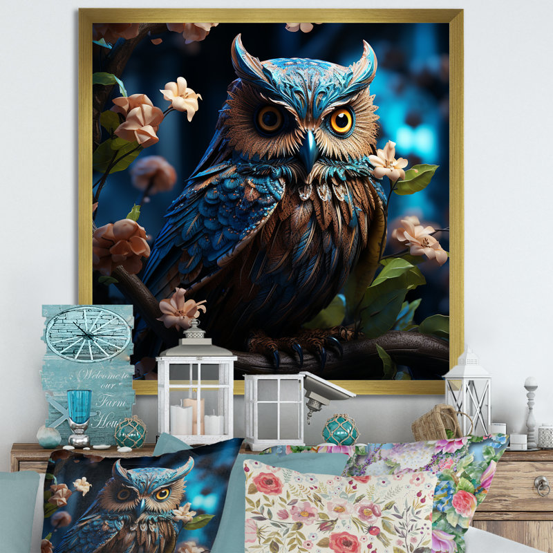Blue Owls Moonlight Realm III sur toile, Cadre doré simple, H 16 po x l 16 po x P 1 po