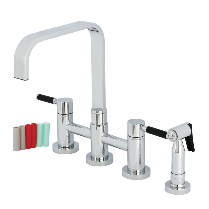 Kingston Brass Kaiser Two-Handle 4-Hole Deck Mount Bridge Kitchen Faucet with Brass Side Sprayer, Polished Chrome