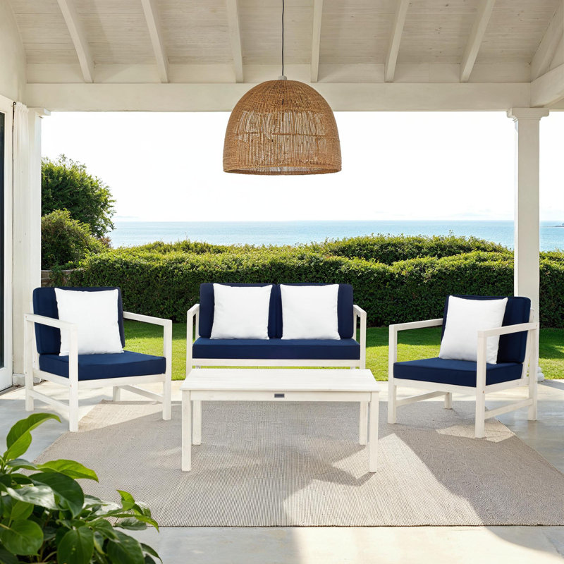 Nidhi Eucalyptus 4 - Person Patio Conversation Set with Cushions, White Frame/Navy Cushion