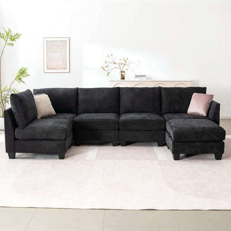 Canapé modulaire de 124 po avec repose-pieds, Noir