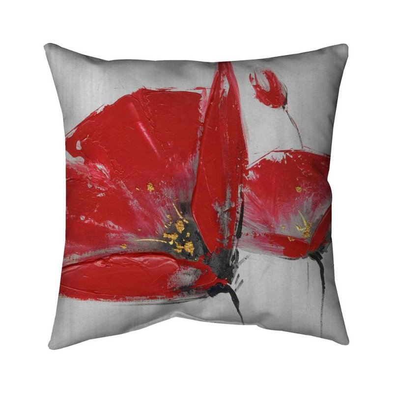 Three red flowers on gray background - 16"x16" Throw pillow - Poly twill - Print on demand