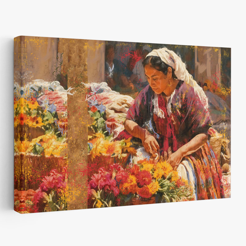 «Mexicain Flower Lady II» - art figuratif multicultural de fleurs d'automne, H 40 po x l 60 po