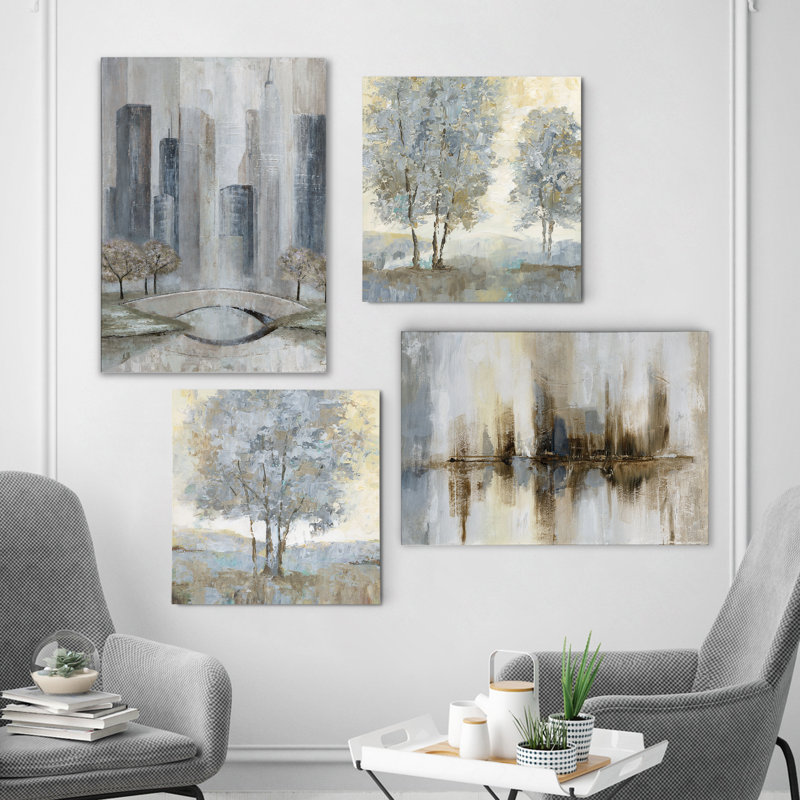 « Touch of Modern Grays » - Ensemble de 4 impressions sur toile tendue, H 32 po x l 96 po x P 1,5 po