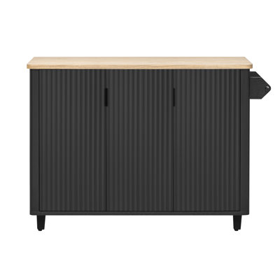 Îlot de cuisine de ferme 51 "cannelé avec rallonge, chariot de cuisine roulant avec rangement et porte-serviettes pour la cuisine et la salle à manger, frêne noir
