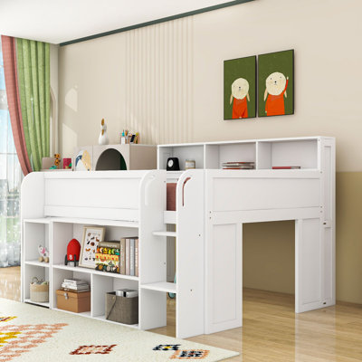 Lit mezzanine double en bois avec bureau, tablettes et lumière
