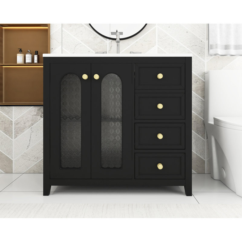 36 In. Freestanding Wood Bathroom Vanity With Drawers, Black