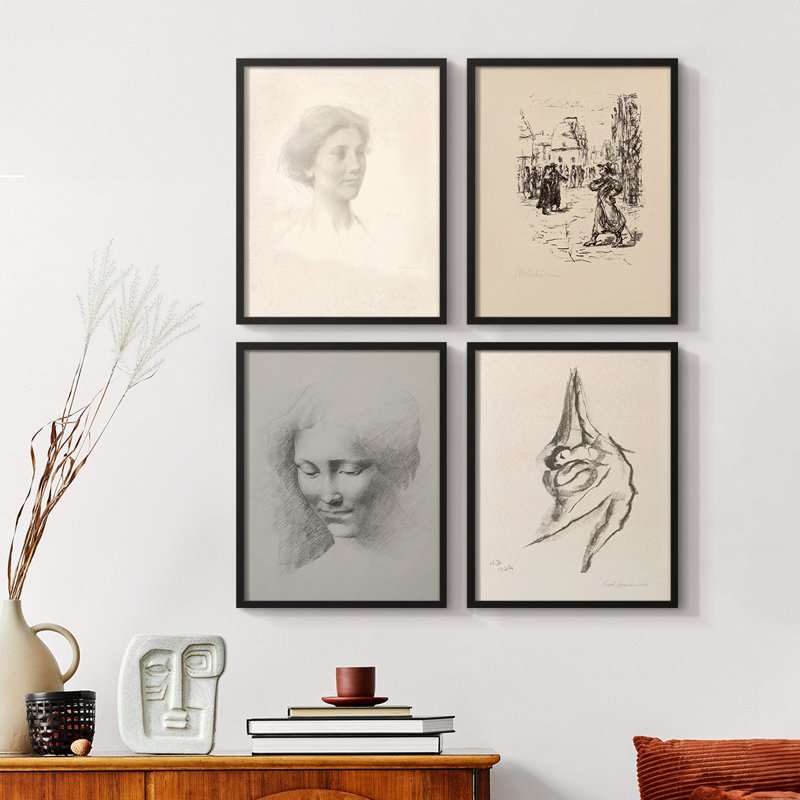 "Croquis rétro XLV III", 4 pièces sur papier, Noir, H 14 po x l 11 po
